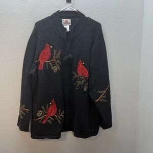 Quacker Factory Black Red Embroidered Full Zip Beaded Cardinal Sweater Women 1X